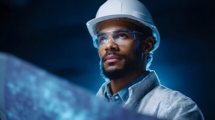 Poster - An engineer reviewing a holographic blueprint in a studio setting