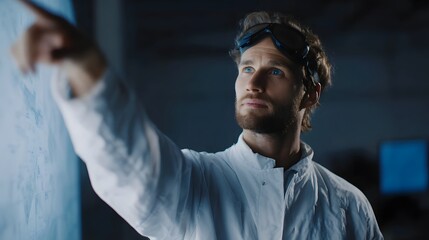 Poster - Senior engineer presenting product through mid air display with lighting