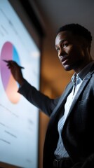 Poster - Financial advisor presenting pie chart on screen during meeting