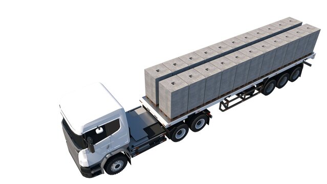 Isometric 3D image depicts a white semi-truck with a flatbed trailer loaded with stacks of 60cm x 20cm x 10cm lightweight gray bricks on pallets, set against a white set, showing material transport