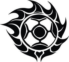 Poster - Intricate black tribal sun symbol with fiery edges and central geometric design