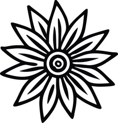 Poster - A stylized black line drawing of a starburst flower with a concentric circle center and pointed petals on a white background