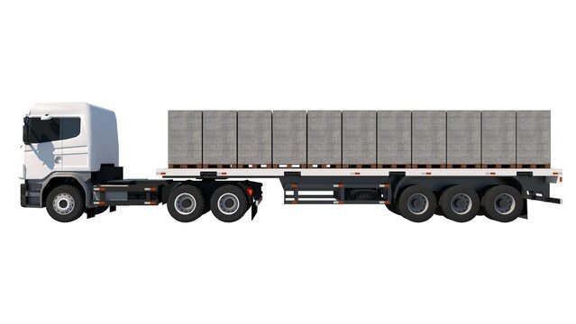 3D image depicts a white semi-truck with a flatbed trailer from the side, loaded with pallets of 60cm x 20cm x 10cm lightweight gray bricks, against a white set, defining heavy material transport