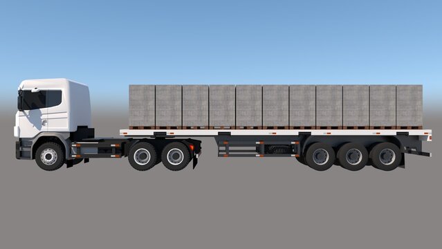 3D image depicts a white semi-truck with a flatbed trailer from the side, loaded with pallets of 60cm x 20cm x 10cm lightweight gray bricks, against a gradient set, defining heavy material transport