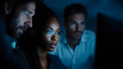 Poster - A group of employees discussing financial KPIs around a large monitor with sharp focus and high under a soft blue lighting  long title A group of