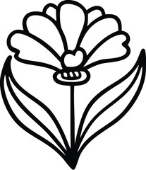 Poster - A simple black and white line drawing of a stylized flower with multiple petals and two elongated leaves