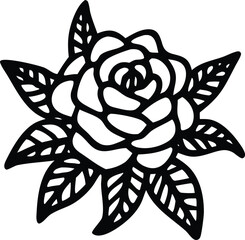 Poster - A stylized black and white outline of a blooming rose with seven detailed leaves presented as a graphic design element