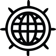 Poster - Stylized black and white icon representing a ship s helm merged with a globe symbolizing global navigation and exploration