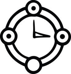 Poster - Abstract circular clock face icon with four connected circular elements and simple hands indicating a specific time