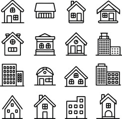 Poster - Collection of simple black and white line art icons representing diverse residential and commercial buildings