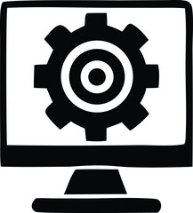 Poster - A simple black and white graphic icon representing a computer monitor displaying a gear with concentric circles symbolizing technology and settings