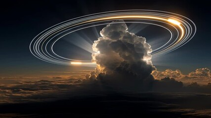 Poster - Futuristic Floating Data Rings Emitting Light Beams Above a Cloudscape at Dusk
