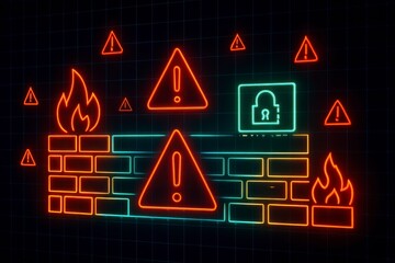 Poster - Neon firewall with warning signs and padlock on a dark background