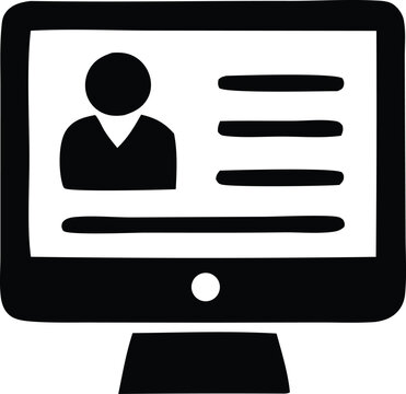 Simple black and white icon representing a computer screen displaying a user profile with a silhouette and text