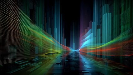 Poster - Colorful Digital Waves Rippling Through Abstract Matrix in Vibrant Matrix of Light