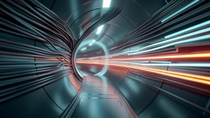 Poster - Surreal Cyber Tunnel with Spinning Data Disks and Glowing Lights in Futuristic Environment