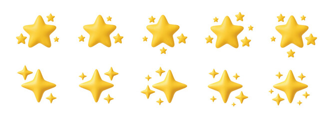 3d yellow stars. Realistic star composition. Soft decorative starry shapes. Floating star clusters, starbursts, sparkles, twinkle. Shining stars emoji. Cartoon vector star icons