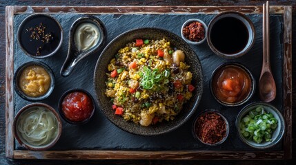 Aufkleber - An artistic presentation of curry fried rice on a slate platter, surrounded by small bowls of accompanying sauces and condiments, perfect for a gourmet touch.