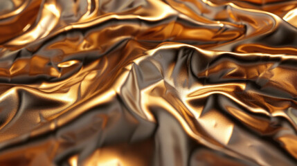 Poster - Close up view of luxurious, crumpled fabric with golden metallic sheen, creating rich and elegant appearance. soft texture and reflective surface evoke sense of opulence and sophistication