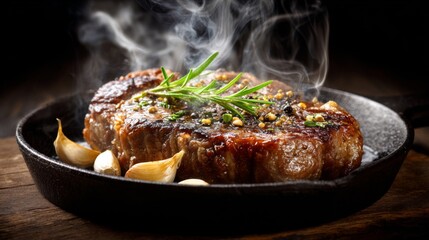 Poster - An artistic shot of a steak sizzling on a cast-iron skillet, with herbs and garlic cloves surrounding it, emphasizing the mouthwatering aroma of home cooking.