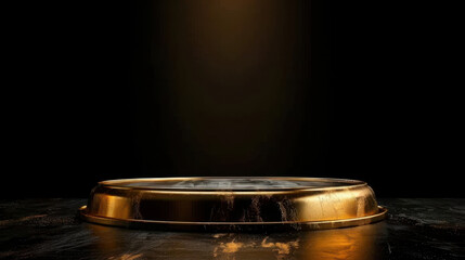 Poster - Stunning abstract golden podium with shiny surface, illuminated by spotlight, creates captivating focal point against dark background, evoking sense of elegance and anticipation