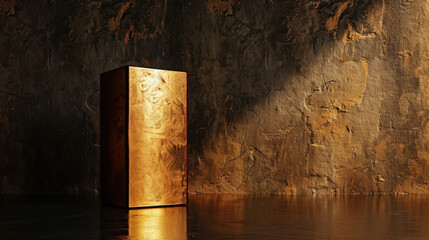 Poster - Stunning abstract golden podium stands against textured wall, reflecting light beautifully on its shiny surface. warm tones create inviting atmosphere, perfect for showcasing art