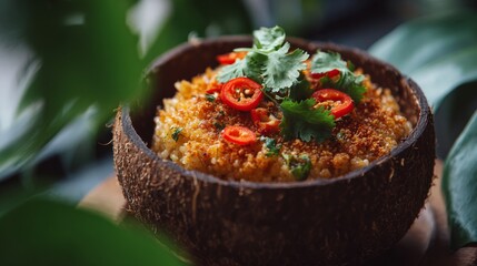 Poster - An artistic shot of fried rice being served in a coconut shell, topped with sliced chili and fresh cilantro, capturing the tropical essence of this dish.