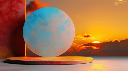 Poster - Vibrant abstract shape podium with pastel background, set against stunning sunset. warm colors evoke sense of calm and creativity, perfect for showcasing products or art