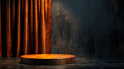 Poster - Round podium with textured surface is illuminated against dark wall, complemented by rich velvet drapery in warm tones, creating elegant and inviting atmosphere