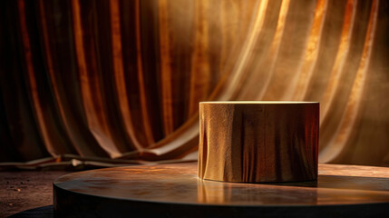 Poster - Stunning abstract shape podium with velvet drapery backdrop, illuminated by soft light, creating elegant atmosphere perfect for presentations or displays