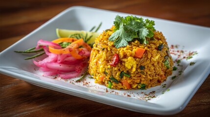 Poster - An artistic view of curry fried rice plated elegantly on a white dish, with a sprinkle of fresh cilantro and a side of pickled vegetables for added visual appeal.