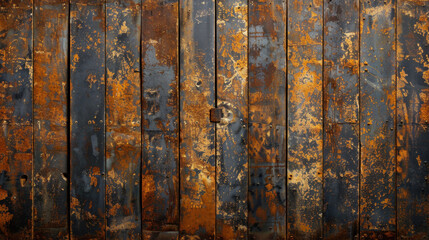 Poster - Aged door panels with layers of old lacquer and peeling paint create rustic and weathered appearance, showcasing blend of blue and orange hues that evoke sense of history and character