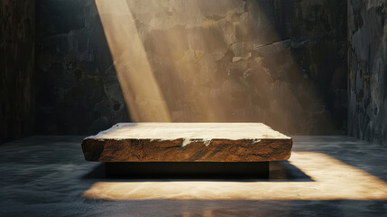Poster - Beautifully crafted stone podium with raw surface, illuminated by soft rays of light, creates serene and artistic atmosphere in minimalist space