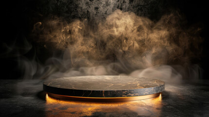 Poster - Black podium with dramatic lighting and smoke creates mysterious atmosphere, perfect for showcasing products or presentations. elegant design enhances visual appeal and adds depth