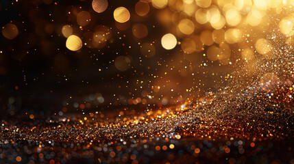 Poster - Stunning blurred gold bokeh background with elegant light creates magical atmosphere, perfect for celebrations or special occasions. shimmering particles add touch of glamour and warmth