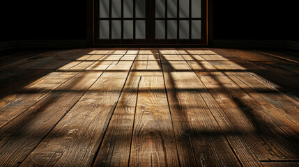 Poster - Aged wooden flooring with blurred shadows cast by window creates warm and inviting atmosphere. interplay of light and shadow enhances rustic charm of space