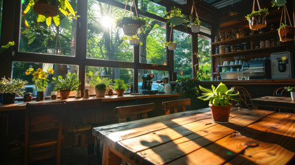 Poster - Bright and airy cafe interior with large windows, showcasing lush greenery and sunlight streaming in, creating warm and inviting atmosphere for relaxation and enjoyment