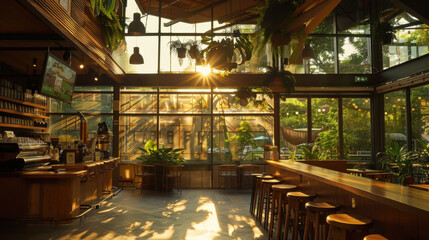 Poster - Bright and airy cafe interior with large windows, showcasing sunlight streaming through plants, creating warm and inviting atmosphere. Perfect for relaxation and socializing