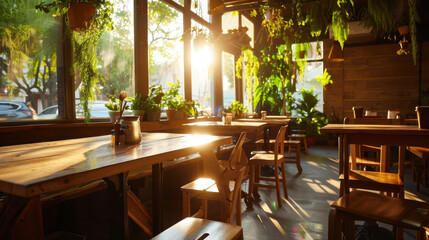 Poster - Bright and airy cafe interior with large windows, sunlight streaming in, and lush greenery creating warm atmosphere. Perfect for relaxation and social gatherings