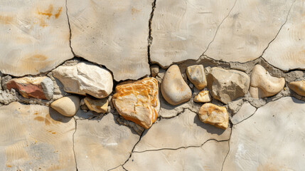 Poster - Cracked concrete floor with pebbles and erosion, showcasing blend of textures and colors that evoke sense of natural beauty and imperfection