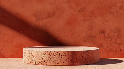  - Round clay podium with textured surface sits against terracotta background, casting soft shadow. warm tones create serene and inviting atmosphere, perfect for showcasing products