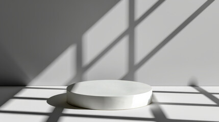 Poster - Clean circular platform casts hard shadow on bright white surface, creating striking contrast. minimalist design emphasizes simplicity and elegance, perfect for showcasing products or art