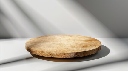 Poster - Clean circular wooden platform with hard shadow on bright white surface, creating minimalist and modern aesthetic. natural texture of wood adds warmth and depth to scene