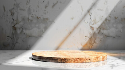 Poster - Clean circular podium on glossy white floor, illuminated by soft light, creates serene and elegant atmosphere. backdrop features textured marble wall, enhancing overall aesthetic appeal