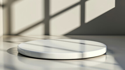 Poster - Clean circular podium on glossy white floor, illuminated by soft shadows from nearby windows, creates serene and modern atmosphere. This minimalist setup is perfect for showcasing products or art