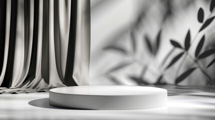 Poster - Clean circular podium on glossy white floor, surrounded by soft drapes casting gentle shadows, creates serene and elegant atmosphere perfect for presentations or displays