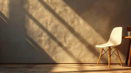 Poster - Clean workspace featuring minimalist chair and simple table, illuminated by soft sunlight casting shadows on textured wall, creating serene and inviting atmosphere