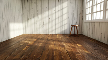 Poster - Clean white table with one stool in simple indoor setting, featuring wooden flooring and bright natural light streaming through window, creates warm and inviting atmosphere