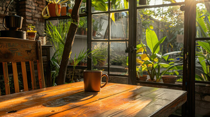 Poster - Cozy cafe corner with wooden table, coffee mug, and lush greenery. warm sunlight filters through windows, creating serene atmosphere perfect for relaxation and enjoyment