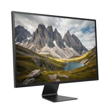 Modern computer monitor displaying a mountain landscape isolates on a transparent background